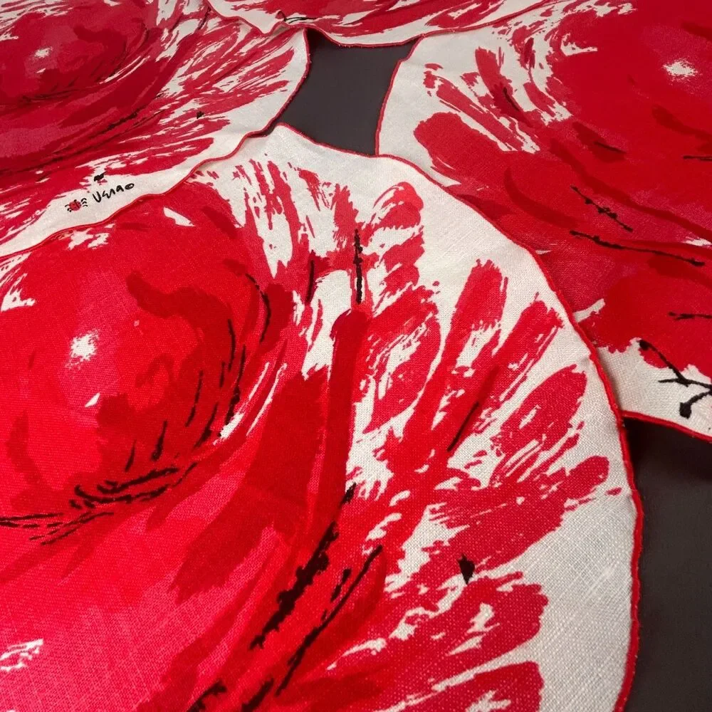 Vintage Vera Neumann Large Red Flower Linen Round Placemat Set of 4